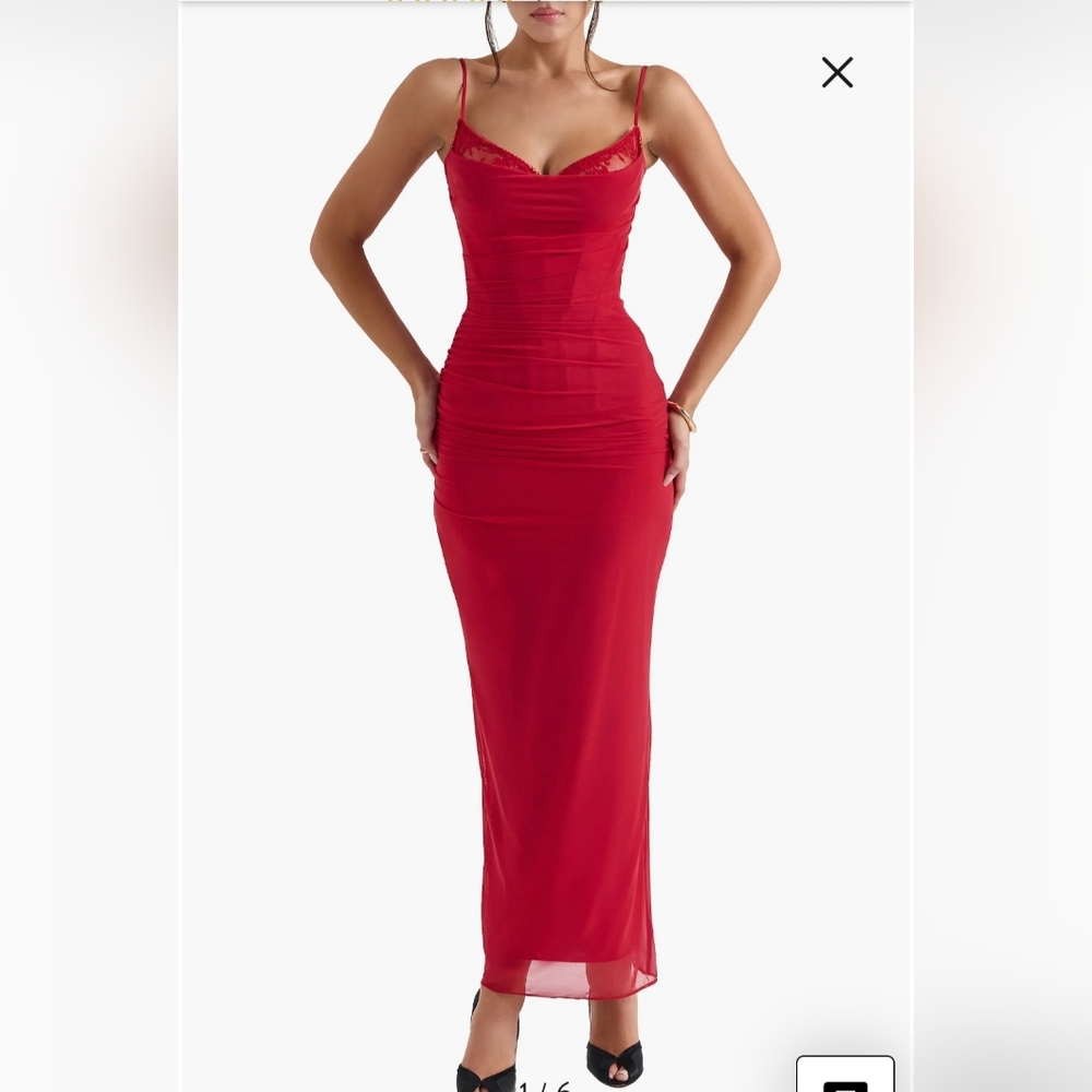 House of CB Red Ruched Maxi Slip Dress